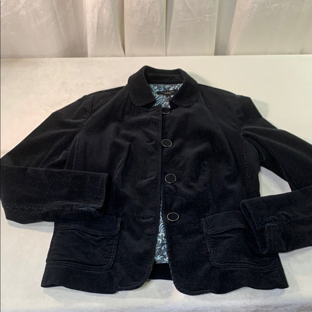 Talbots Sz 10 black corduroy cord cotton jacket matching buttons satin lining